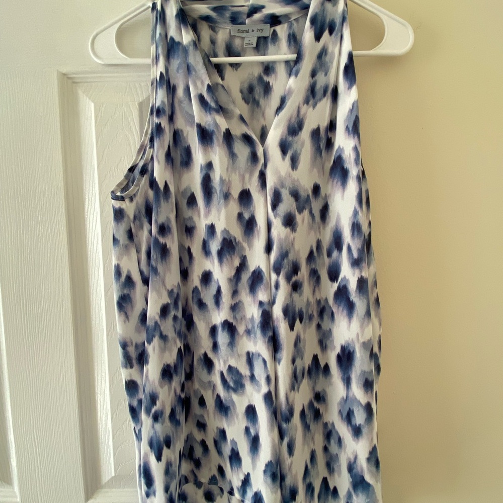 Blue and White Sleeveless Blouse